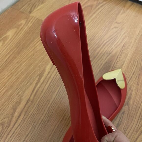 Melissa Red gold heart jelly Valentine space love slip on rubber flats size US 8 - Picture 3 of 8